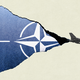 Illustration of NATO flag being torn by a fighter jet