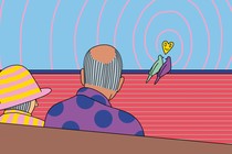 Illustration of an elderly couple sitting on a bench looking at two green and purple birds with a yellow heart above them.