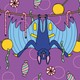 A blue bat on a purple background hanging from a rope with lots of candy