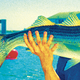 Illustration of a man with six fingers holding up a fish with extra fins
