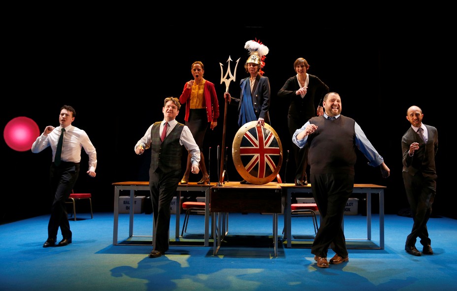 Seven actors perform a dress rehearsal of "My Country: A Work in Progress" at the National Theatre.