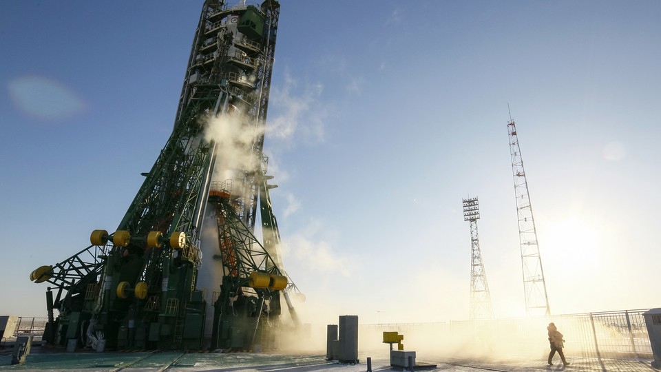 A Soyuz spacecraft, which carries astronauts to space, sits on the launchpad at Baikonur cosmodrome in Kazakhstan.