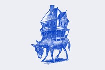 Sketch of a blue donkey with a large house on its back