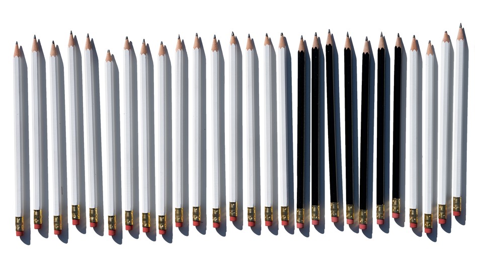 illustration of a row of white pencils with 7 black pencils in the middle