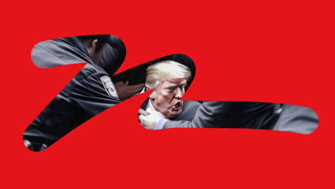 One of many AI-generated images circulating on Twitter that depict a fabricated scene of former President Donald Trump being arrested. (Illustration by The Atlantic. Source: Elliot Higgins / Midjourney v5)