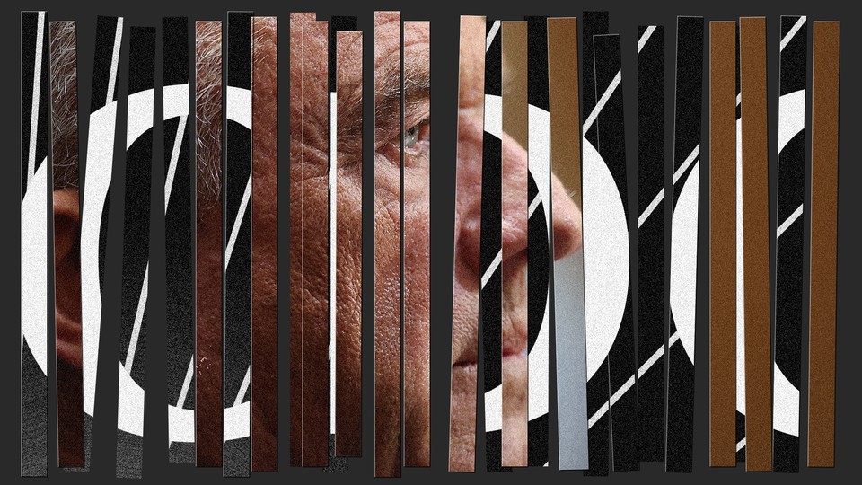 A photo of Robert F. Kennedy Jr. cut into thin rectangles, interspersed with cutouts that form the CDC logo.