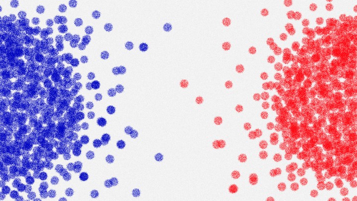 An illustration of red and blue spheres mixing