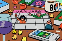 A calendar with friends popping out of it, on a table scattered with games, drinks, and snacks