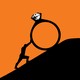 Graphic illustration of a silhouetted Sisyphus-like figure pushing an enormous diamond engagement ring up a steep black hill on an orange background.