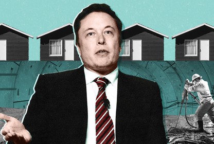 An illustration of Elon Musk in front of homes in Hawthorne