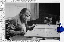 Picture of Solzhenitsyn writing in his studio