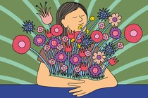 An illustration of a woman happily embracing a big bouquet.