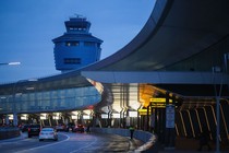 An air-traffic-control tower at LaGuardia airport, at night