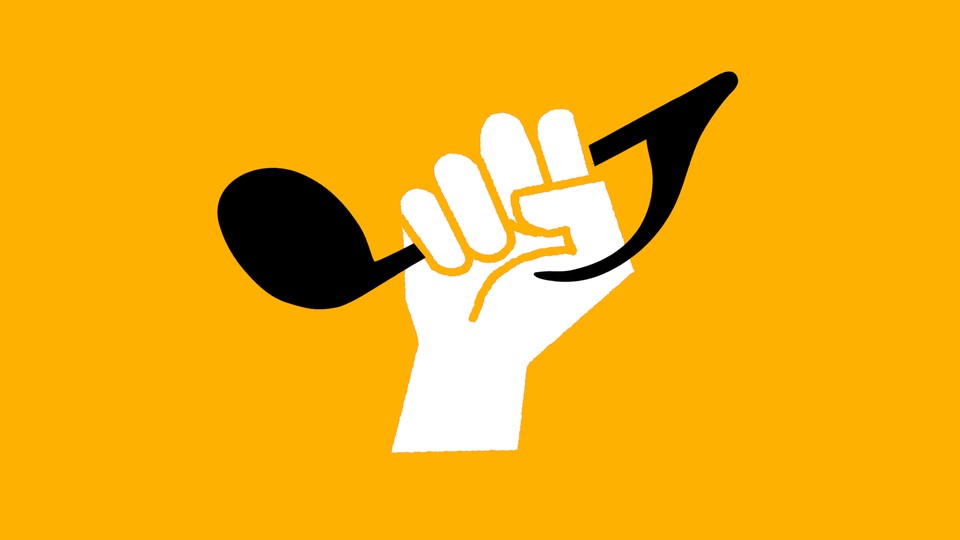 A fist holding a musical note against a golden-yellow background