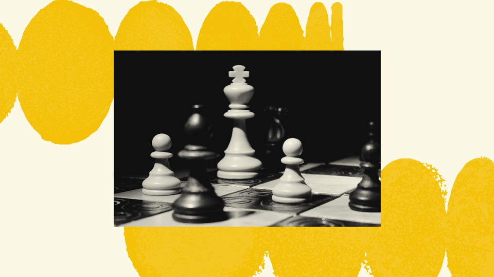 A black-and-white photograph is set on a cream-colored background. The background has a row of yellow circles at the top that look like they are curving away and a row of yellow circles at the bottom that look like they are curving in the other direction. The photo shows a chess board in black and white.