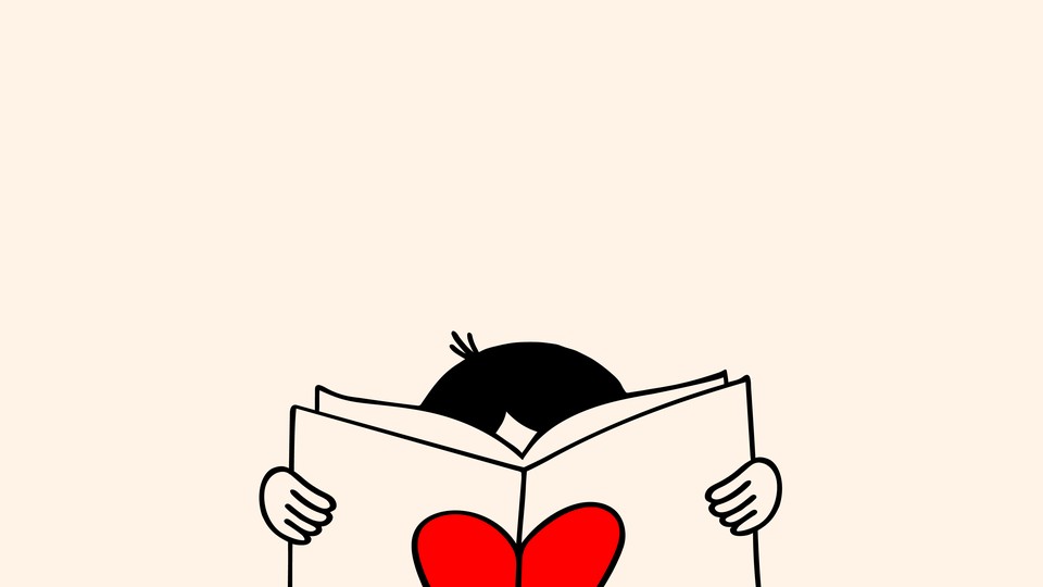 A line drawing of a person reading a book with a heart on the cover.