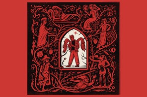 Red-and-black illustration of medieval-style woodcut with red figures of the seven deadly sins surrounding a gothic-arched frame surrounding a winged devil wearing modern clothes, walking and staring at a smartphone.