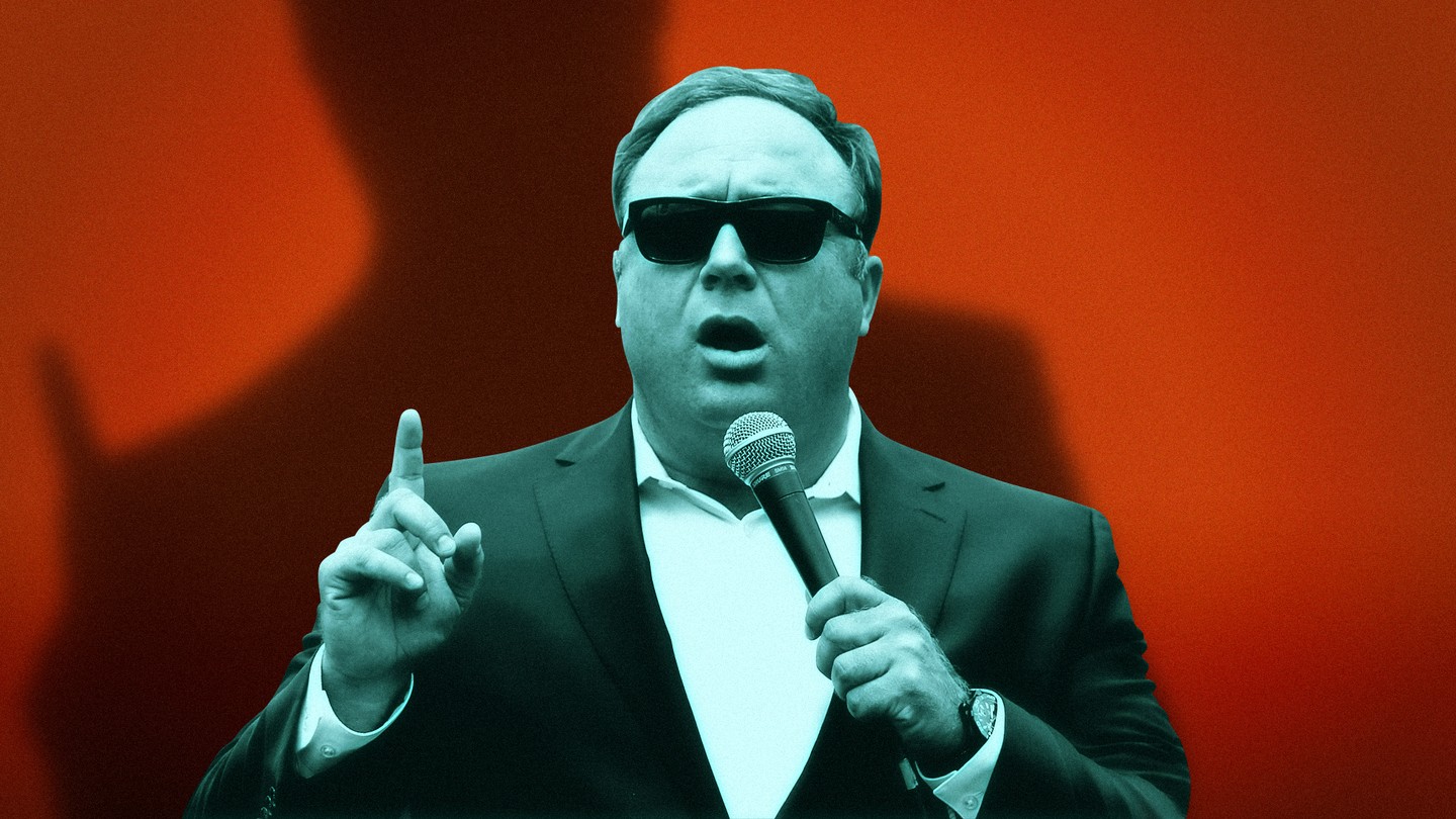 a green-washed picture of Alex Jones against a red background