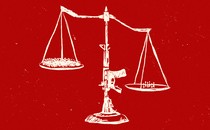 Illustration of the scales of justice balanced on a rifle