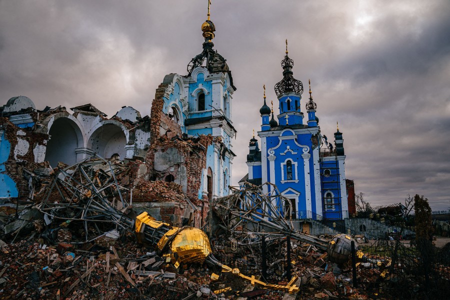 Buildings of a Russian Orthodox monastery lie in ruins.