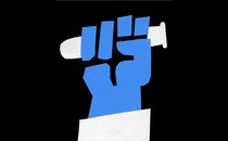 a blue fist held up as if in protest, clutching a test tube