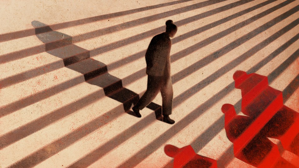 An illustration of a woman in business attire walking down steps, similar to ones at a courthouse. Three red figures wait at the bottom of the steps.