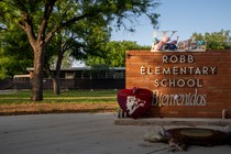 A memorial at Robb Elementary School in Uvalde, Texas, in April 2023