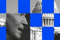 An illustration featuring a photo of President Joe Biden, the Capitol building, and blue squares