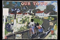 A Kerry James Marshall painting of two Black children coming down a road, one on a bike and the other on foot