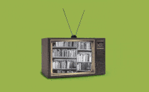 A TV shows a black-and-white animation of scrolling bookshelves.