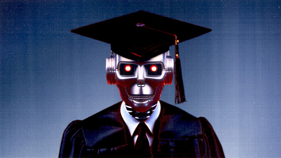 Illustration of a Terminator-style robot wearing a graduation cap and gown