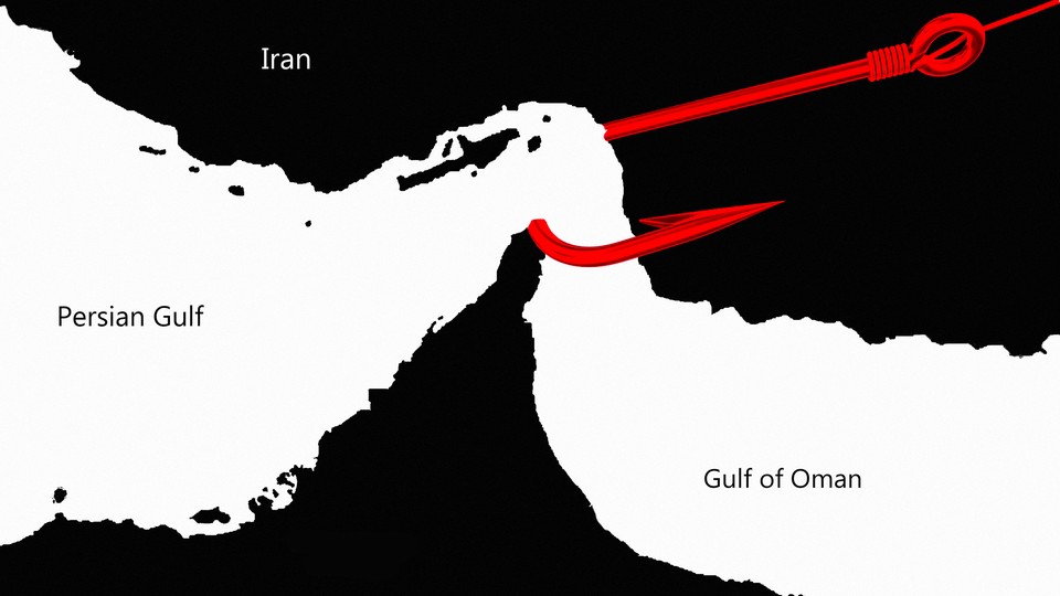 Illustration of a black and white map with a large red hook around the Strait of Hormuz