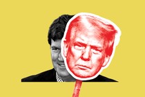 Tucker Carlson hiding behind a Trump mask