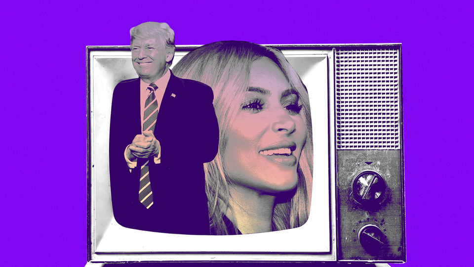 Cutouts of Donald Trump and Kim Kardashian inside a TV screen
