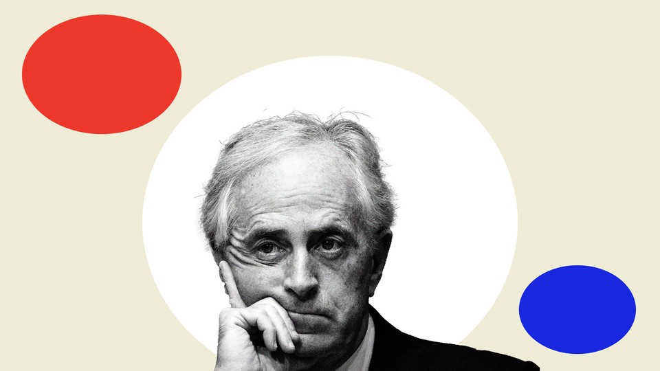 Senator Bob Corker in black and white with colorful geometric shapes around him