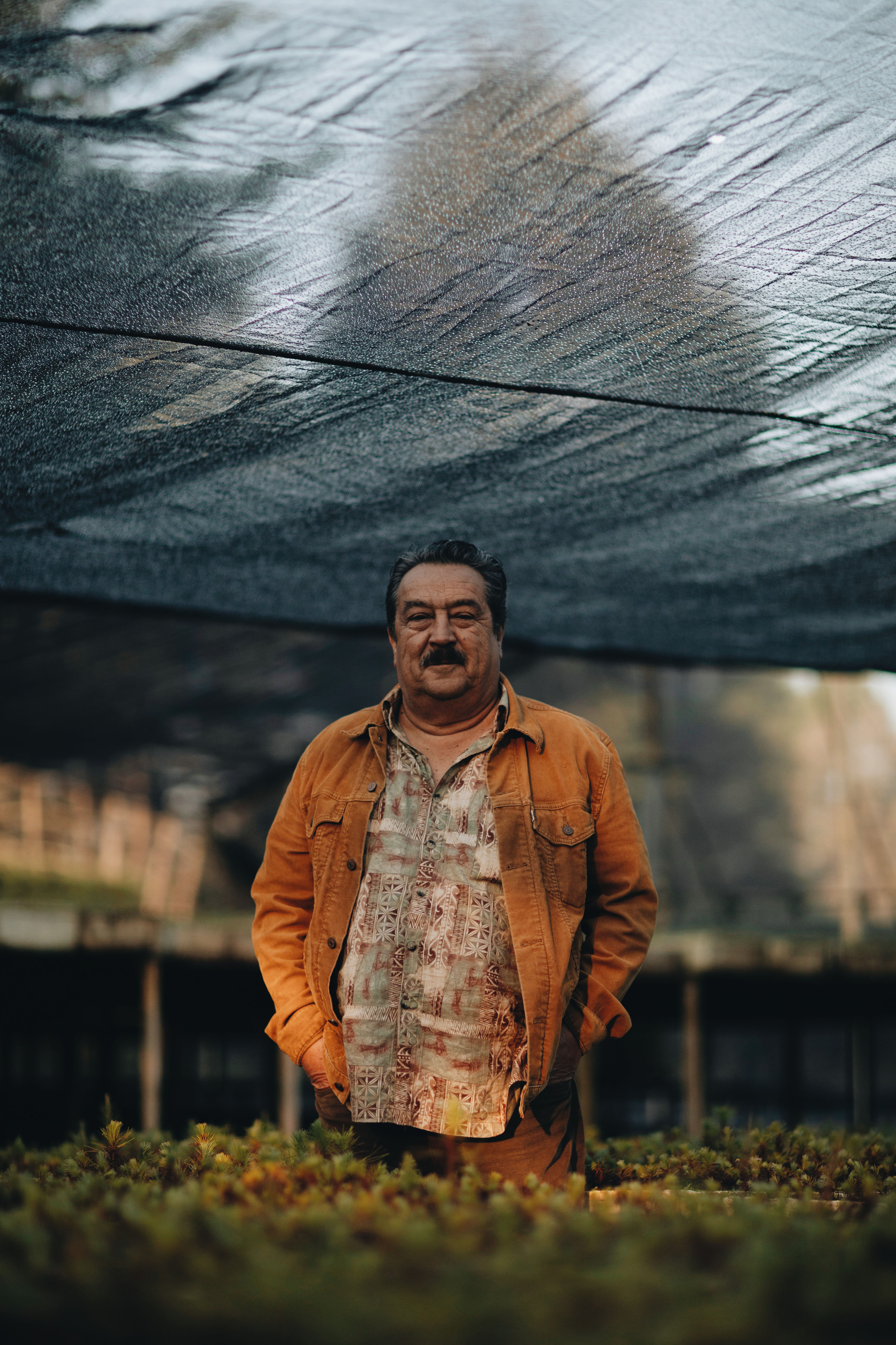a portrait of José Luis Álvarez Alcalá, wearing a patterned shirt and light brown jacket