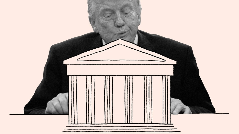 Donald Trump's face looking at the Supreme Court building