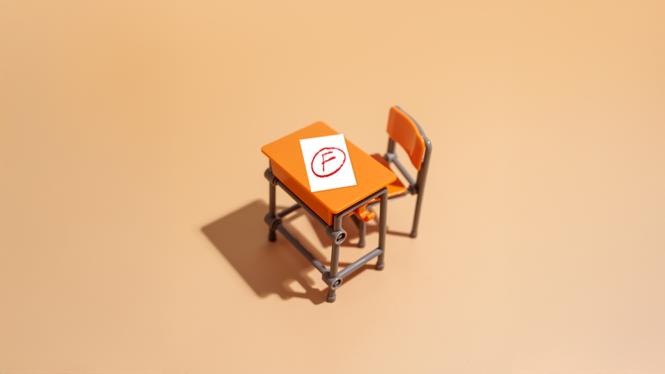 Photo illustration of a toy-size chair and desk; on top of the desk is a white piece of paper and a red circled F
