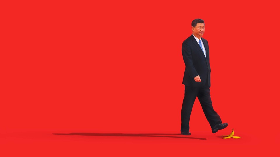 An illustration of Chinese leader Xi Jinping about to step on a banana peel