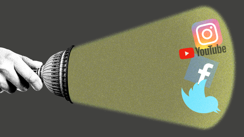 An illustration of a flashlight illuminating social media company logos.