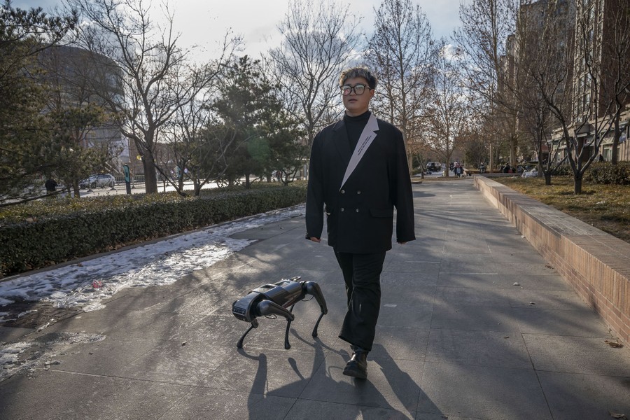 A person walks alongside a small four-legged robot on a sidewalk.