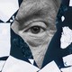 Collage showing one of Trump's eyes up close surrounded by breaking sheets of ice on the water