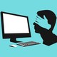 a silhouette of a face looking at a computer with hands covering its eyes against a light blue background