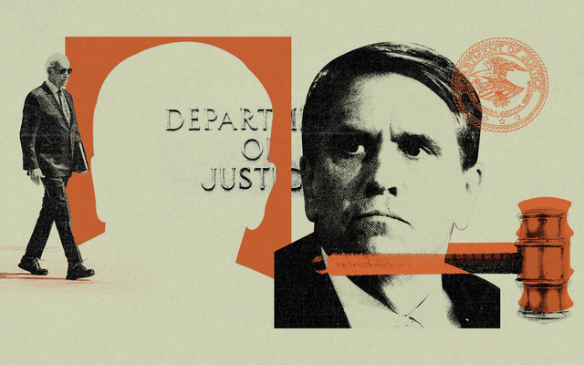 Collage of DOJ symbols and photographs