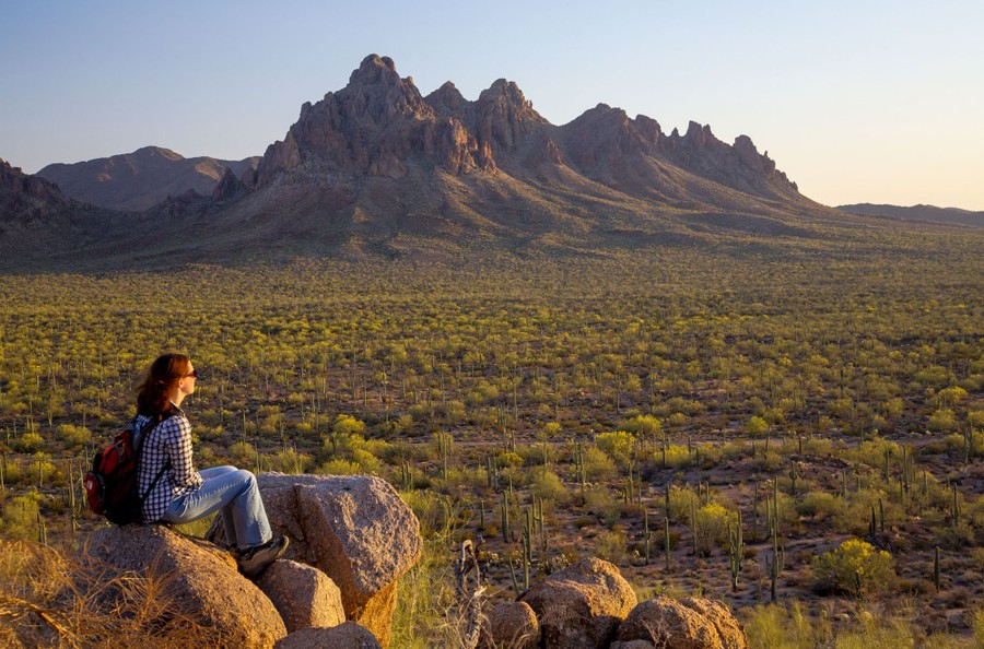 A person sits on a rock looking toward a large nearby mountain.