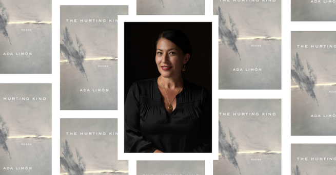 Ada Limon with a collage of her book, The Hurting Kind