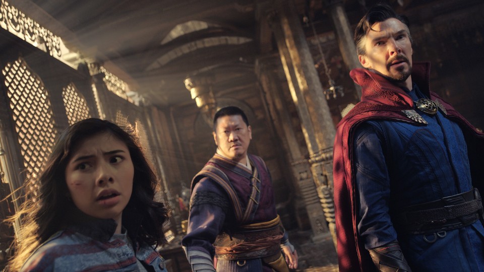 Xochitl Gomez, Benedict Wong, and Benedict Cumberbatch in “Doctor Strange in the Multiverse of Madness”
