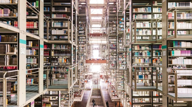 A wide view of massive library stacks