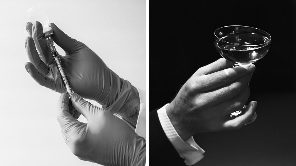 Diptych showing a hand holding a vaccine needle and a hand holding a drink