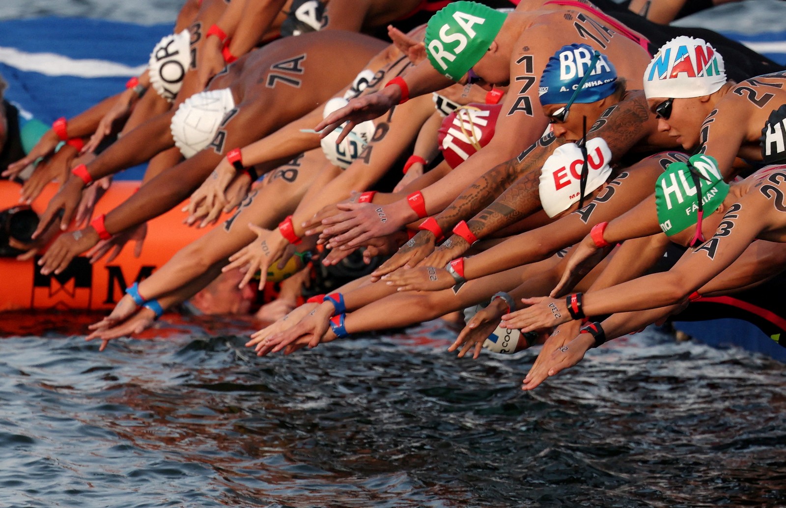 Many swimmers dive into water at the same time at the start of a race.